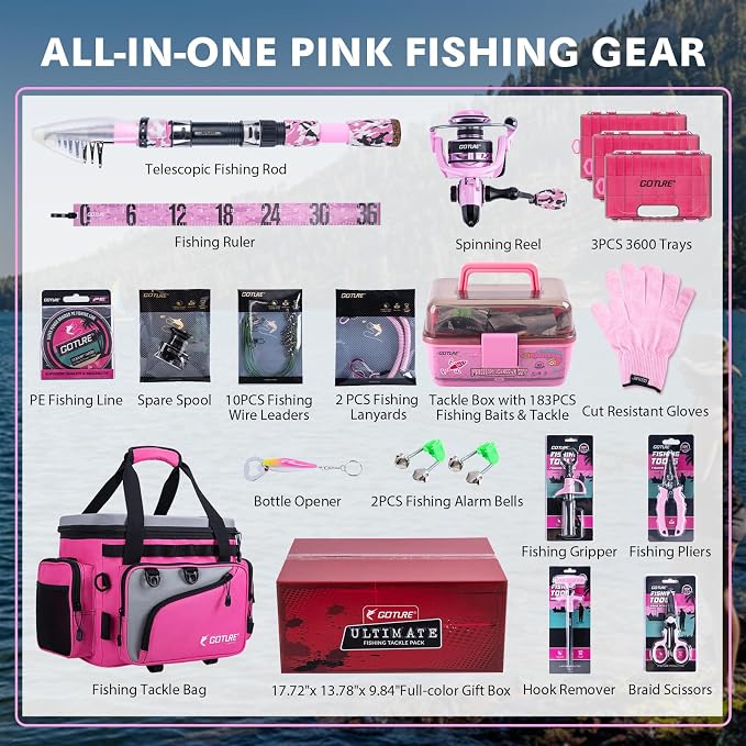 Goture Pink Fishing Rod and Reel Combos with Cooler Tackle Bag, 6FT-9FT Telescopic Fishing Pole with Spinning Reel,4 3600 Trays,Lures,Pliers,Travel Full Kit for Freshwater Saltwater, Women/Beginners