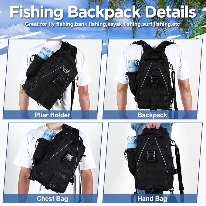 RoundFunny 85 Pcs Fishing Backpack with Tackle Boxes, Tackle Sling Bag with Rod Holder, Fish Lures and Pliers, Fish Tools Gears & Equipment Father's Day Fishing Gift for Dad Men