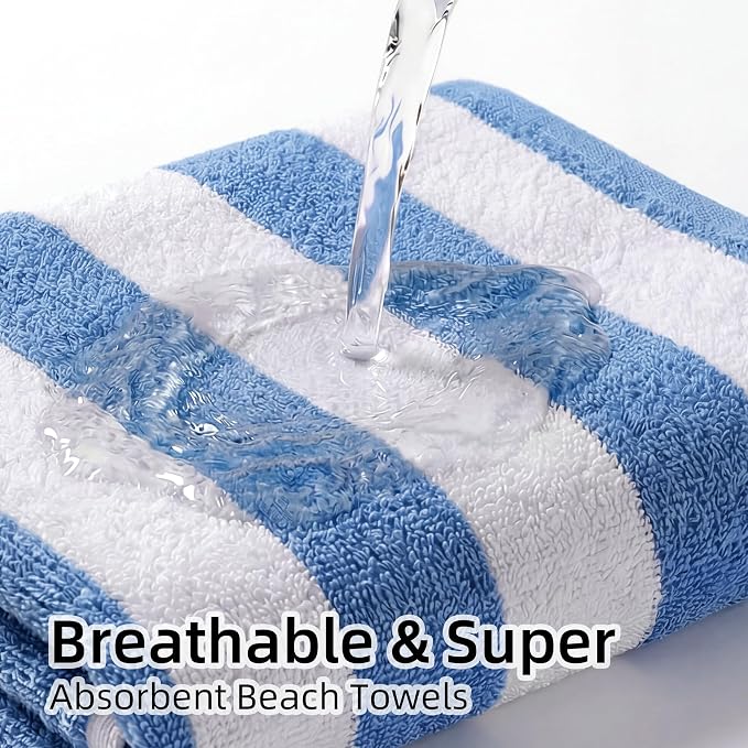 JOYMOOP 3-Pack Microfiber Beach Towel Set – 70" x 35.4" Ultra-Absorbent Beach Towels Oversized, Sand-Free & Portable, Quick-Dry Cabana Stripe Towels with Travel Storage Bags (Blue & White)