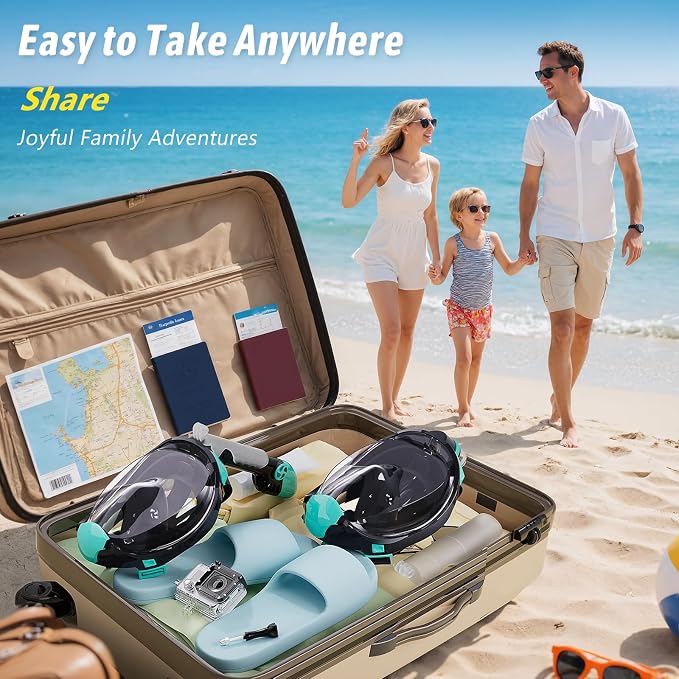 Greatever G2 Adults Kids Full Face Snorkel Mask 2 Pcs,Snorkeling Gear with Latest Dry Top System,Foldable 180 Degree Panoramic View,Safe Breathing,Anti-Leak&Anti-Fog Snorkeling Mask with Camera Mount