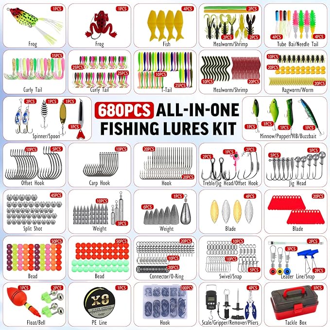 3-Layer Tackle Box with Tackle Included, 680Pcs Fishing Lures Kit- Pliers, Crankbait, Hooks, Weights & Accessories, Freshwater Saltwater Gear Bag for Bass Trout, Fishing Gift for Men Dad