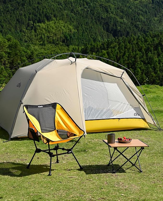 iClimb Ultralight Compact Camping Folding Beach Chair with Anti-Sinking Large Feet and Back Support Webbing (Yellow - Square Frame - 2PC)