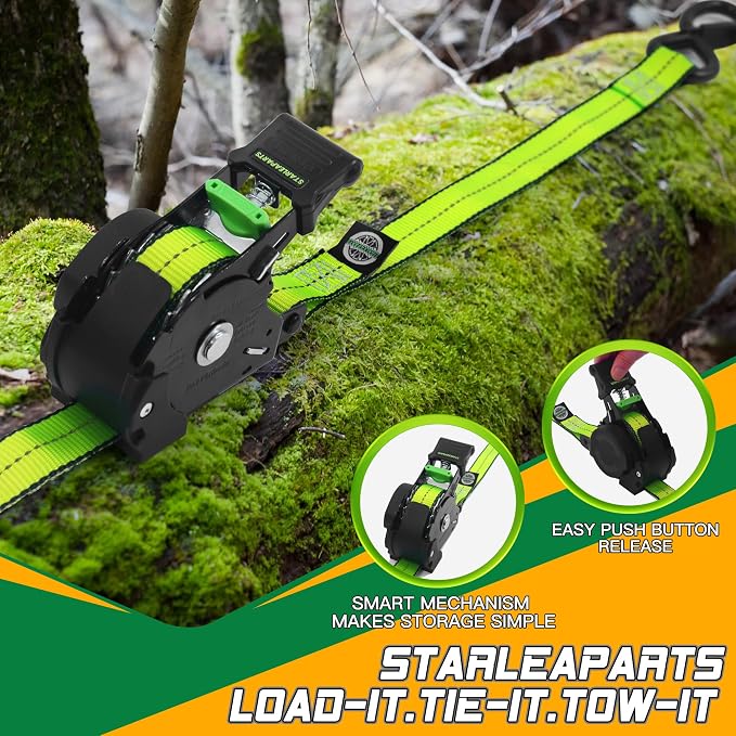 STARLEAPARTS Retractable Ratchet Straps(2PK 1.0INX12FT) - 1,500lb Break Strength, Ratchet Strap Heavy Duty with Rubber Coated Handle, Perfect Auto Ratchet Straps for Motorcycle, Kayak and Trucks