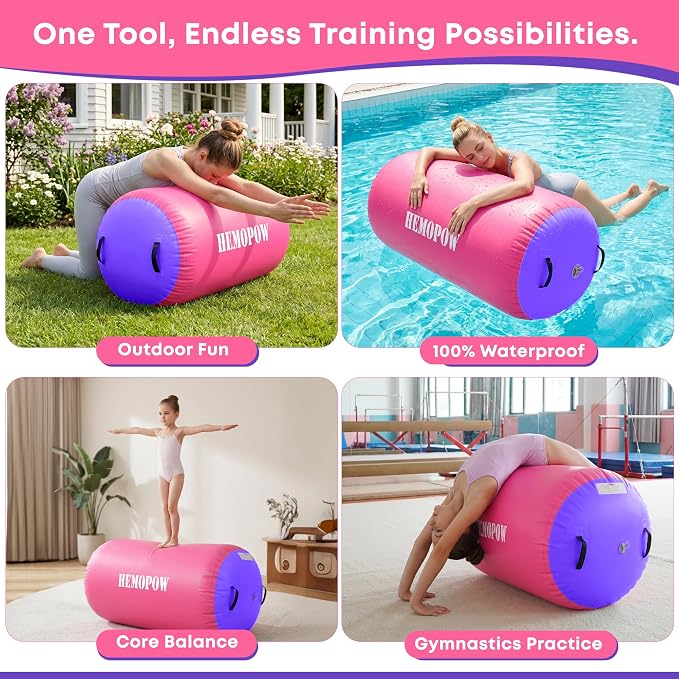 Inflatable Gymnastics Air Barrel Roller with Electric Pump, Heavy Duty PVC Tumbling Barrel Back Handspring Trainer, Air Tumble Track Mat for Home Gym, Cheerleading, Yoga Practice