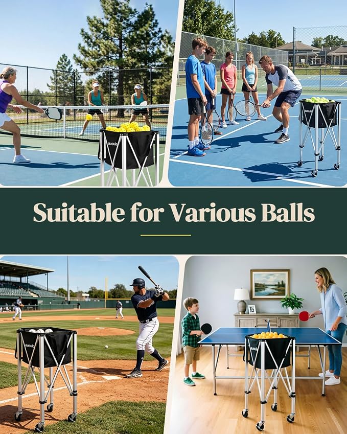 Tennis Ball Hopper Holds 150 Balls, Lightweight Pickleball Basket with Wheels, Portable Ball Cart for Tennis, Pickleball, Baseball, Softball, Suitable for Training and Teaching