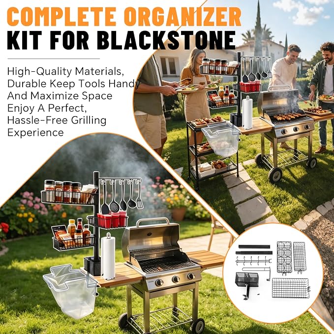 Griddle Caddy for Blackstone, 8-in-1 Outdoor Grill Organizer | Cup Holder, 2 Condiment Baskets, Garbage Bag & Paper Towel Holders, Hook Shelf & Pedestal Poles, For Camping BBQ RV Patio