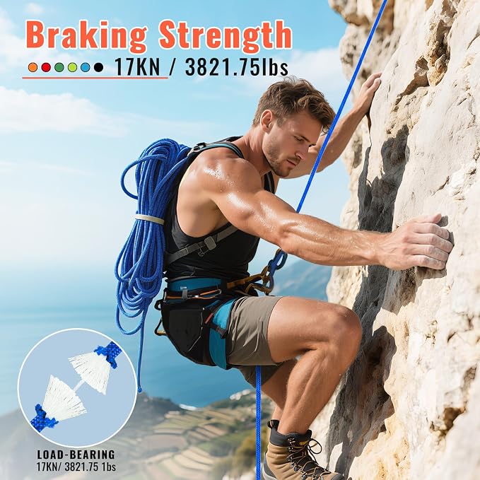 10.5mm Static Climbing Rope - 32FT Rock Climbing Rope for Adults & Kids, Outdoor Heavy Duty Rappelling Ropes for Fire Rescue, Escape, Ice Climbing, Parachute, Caving - Blue