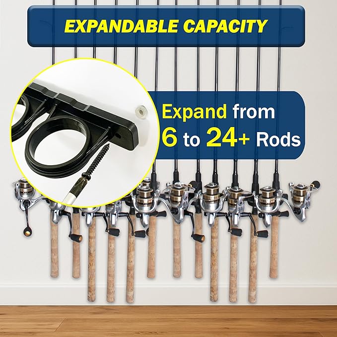 Rush Creek Creations, Ceiling Fishing Rod Holder for 6 Rods, Fishing Pole Holder for Garage Organization and Wall Storage, for Fishing Reels, Fishing Gear, and Fishing Accessories (2 Horizontal Rack)