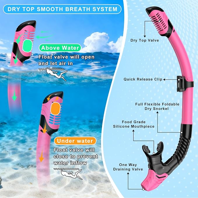 Snorkeling Gear for Adults, Mask Fin Snorkel Set, Dry Top Snorkel Mask, Panoramic View Anti-Leak Anti-Fog 3 in 1 Snorkeling Kit Travel Diving Package with Storage Bag