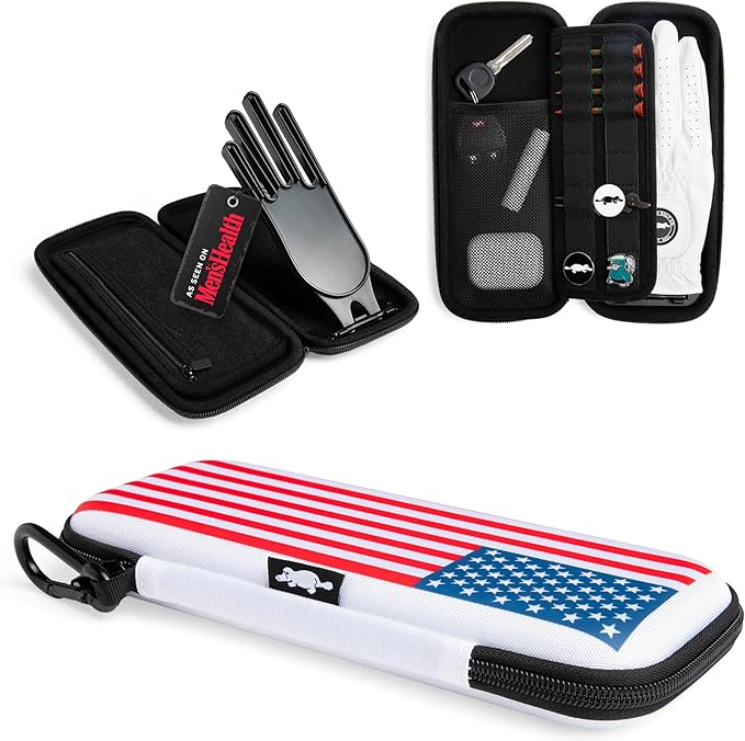 Platypus Golf Co. Golfing Caddie EVA Travel Case Organizer with Bamboo Tees & Ball Marker - Hand Reversible Hinging Glove Shaper & Holder, Mesh Pocket & Storage Slots, Golfers Cases for Men & Women