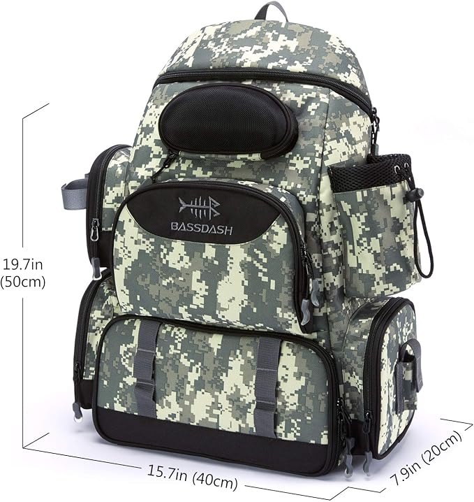 BASSDASH Fishing Tackle Backpack Water Resistant Tactical Bag Soft Tackle Box with Rod Holder and Protective Rain Cover