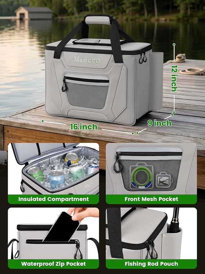 Mancro Kayak Cooler Behind Seat, 24 Cans Kayak Fishing Accessories for Lawn Chair Seat, Leakproof Cooler for Kayak with Quick-Access Top Hatch and Fishing Rod for Kayaking, Beach, Picnic