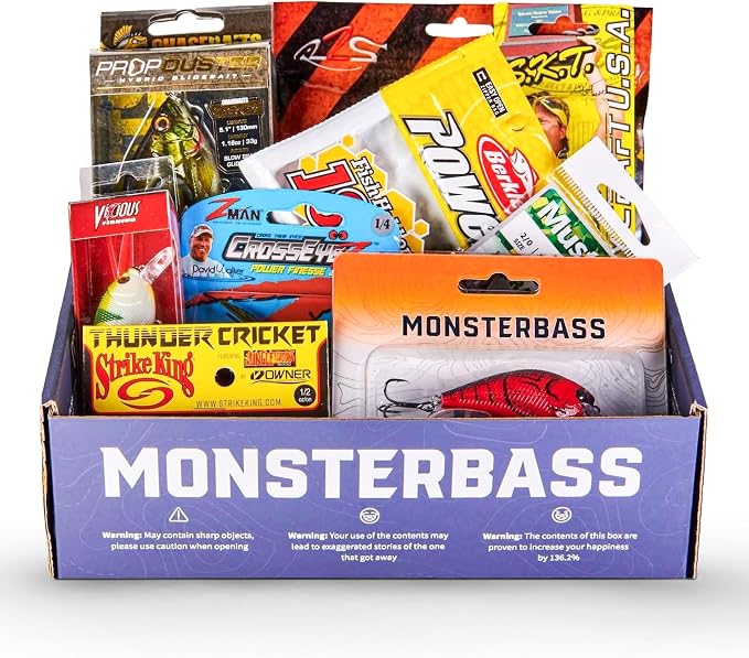 MONSTERBASS Fishing Mystery Box, Freshwater Bass Fishing Kit with 7+ Lures | Biggest Tackle Mystery Box with Premium Gear for Catching Smallmouth and Largemouth Bass on Every Fishing Trip