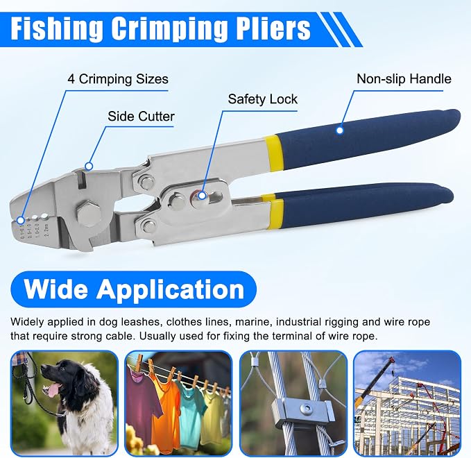 Fishing Crimping Tool Kit Fishing Crimping Pliers Stainless Steel Wire Crimping Tool with 500pcs Crimp Sleeves Set, 4 Size Crimp Sleeves Fishing Tackle Pliers