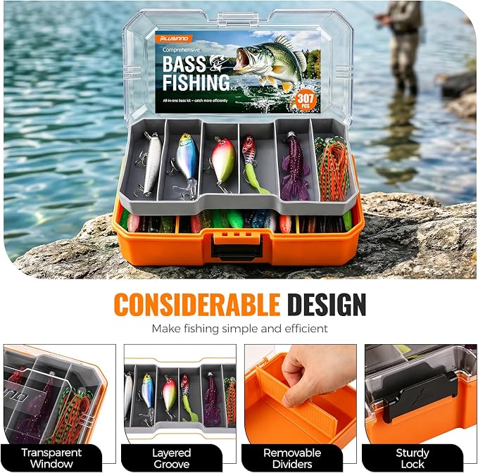 PLUSINNO Bass Fishing Lures Tackle Box Kit for All Water, 307 pcs | Pro Bass Fishing Gear Kit, for Freshwater Lake, Largemouth Bass, 6 Pre-rigged Jigs, Fishing Lure Set Gifts for Men Beginners