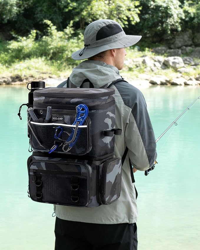 HXLGMD Fishing Backpack with Rod Holders, Double Layer Large Water-resistant Tackle Bag Store Gear with Cooler, Khaki
