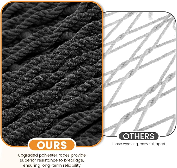 Lazy Daze Hammocks 13-FT Polyester Rope Hammock, Double 2 Person Traditional Hand Woven Outdoor Hammock with Spreader Bar, Carabiners, Tree Straps, Chains for Outside Patio- Max 450 Lbs, Grey