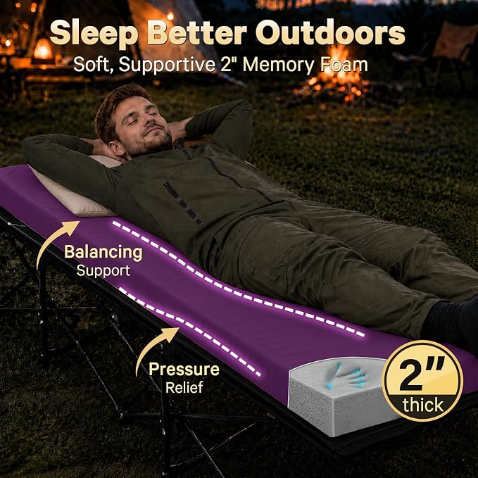 CYMULA Camping Cot Pad 2 Inch Memory Foam, Camping Pad for Folding Cot and Foldable Cot, Portable Roll Up Camp Gear for Car Camping Travel Tent, Non-Slip Waterproof Bottom, Removable Cover, Pad Only