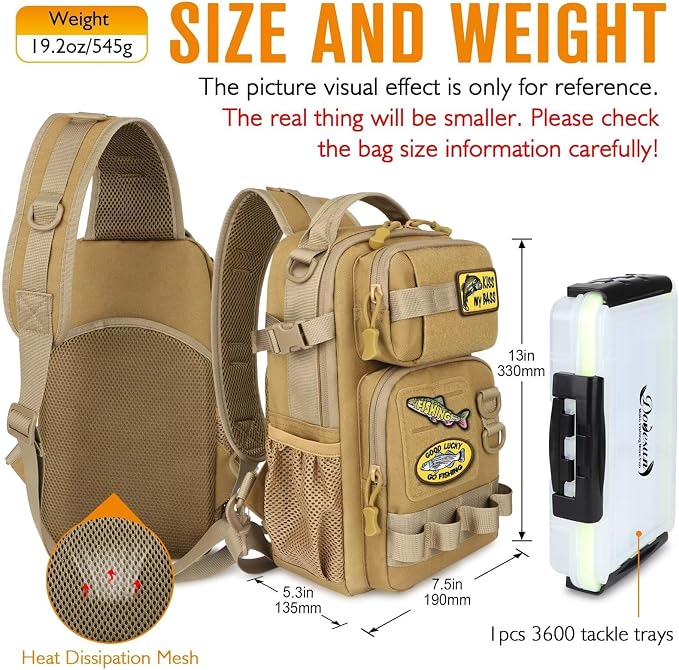 Dovesun Small Fishing Backpack with Tackle Boxes Fishing Sling Bag DIY Embroidery Patches Tackle Bag Gift for Men Khaki