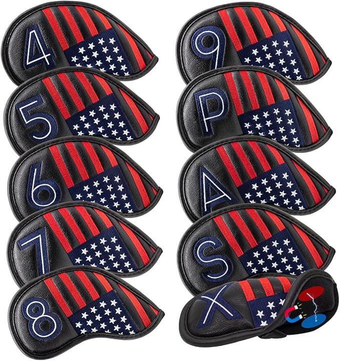 Magnetic Golf Iron Covers Premium Leather Iron and Wedge Golf Club Head Covers - Set of 10 Fits Most Clubs USA American Flag Head Cover Set Headcovers for Irons