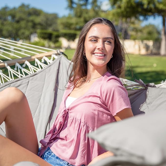 ANOW Double Rope Hammock with Stand 12FT, Heavy Duty Hammock with Polyester Pillow and Pad, 450 LBS Weight Capacity, Light Grey