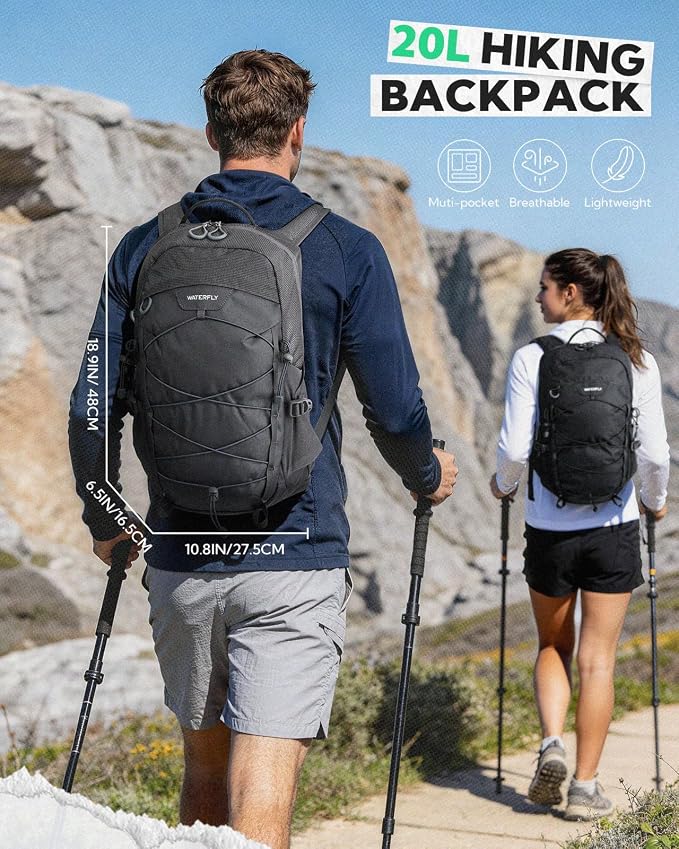WATERFLY Small Lightweight Hiking Backpack: 20L Daypack for Women Men, Multi-Pocket, Breathable Back Panel with Chest Waist Strap, Outdoor Bag Pack for Travel Trekking Camping