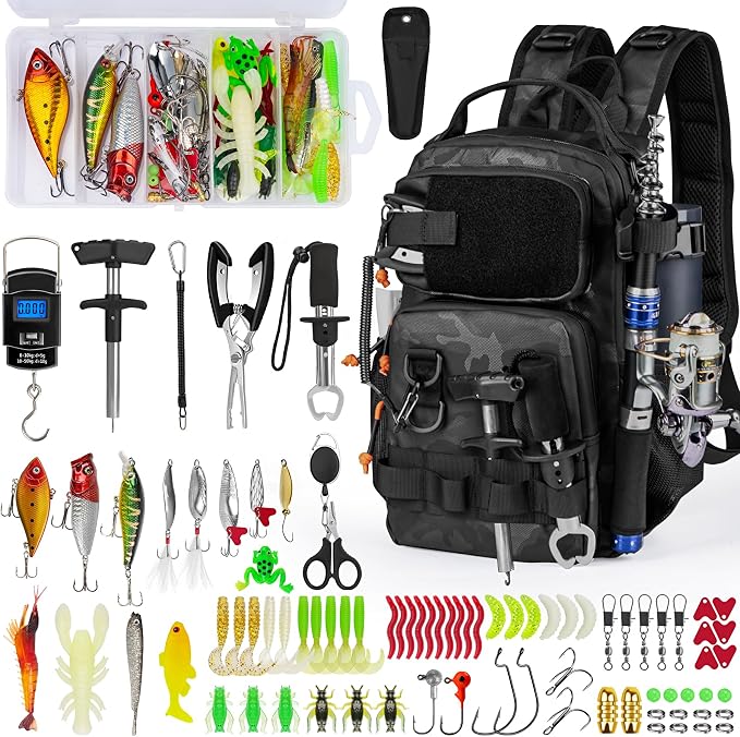 THKFISH Fishing Tool Kit, Backpack and Tackle Box with Tackle Included Lures Hooks Sinkers Accessories Kit,Pliers, Fish Lip Gripper, Fishing Gear and Fishing Gift for Men (Black Camo-87pcs)