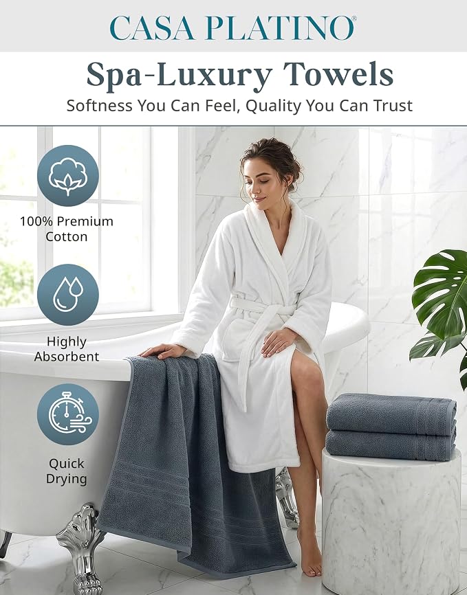 Casa Platino 100% Cotton 2 Pack Bath Towels Set (30"x60") - Ring Spun, Large Cotton Towels for Bathroom - Quick Dry, Soft & Absorbent Bath Towel Set - Remains Soft After Multiple Washes - Cool Grey