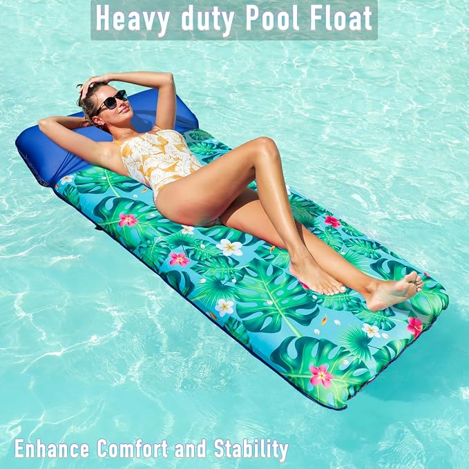 FindUWill Oversized Pool Float Lounge, 72" X 37" Extra Large Fabric-Covered Pool Floats for Adults, Inflatable Contour Lounger with Headrest Ultra-Comfort Cooling Pool Raft (XL, Monstera)
