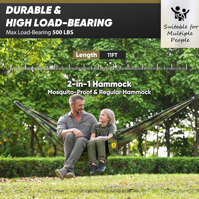 Camping Hammock with Mosquito Net, 500 lbs Portable Hammock with Tree Straps, 2-in-1 Double/Single Travel Hammock Tent for Outside/Indoor/Backpacking/Beach - Plaid Camouflage