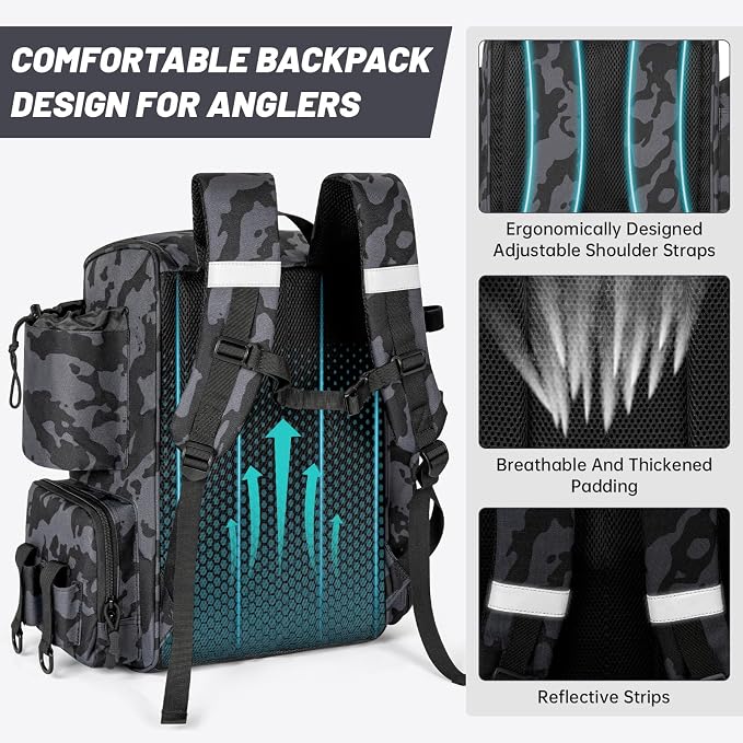 40L Fishing Backpack Water Resistant Fishing Tackle Bag with 2 Rod Holders, Tackle Storage Bag for Anglers（Black camo,Bag Only