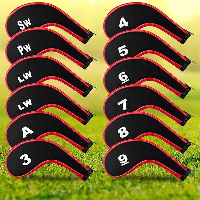 Golf Club 12pcs Thick Synthetic Zipper Long Neck Set Headcover Fit The Most Brands, Side Number Golf Iron Club Head Cover LW SW PW Covers #3,4,5,6,7,8,9