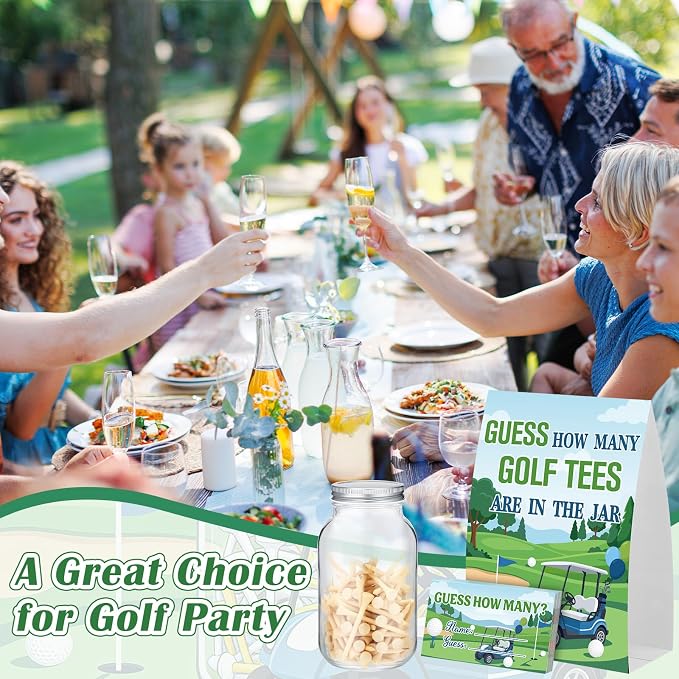 162 Pcs Golf Party Games Guess How Many Golf Tees Are in the Jar with 1 Stand Sign 50 Guess Cards 100 Wooden Tees 10 Pencils 1 Mason Jar for Golfer Themed Baby Shower Birthday Party Activity