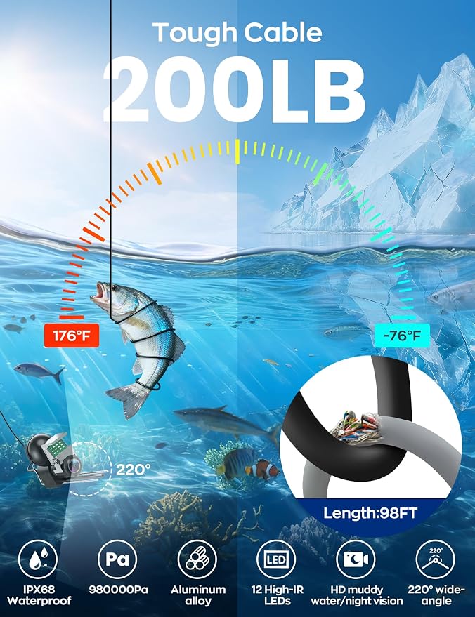 Underwater Fishing Camera,1080P Portable Fish Finder with 5" Waterproof IPS Screen,220° Ultra-Wide Ice Fishing Camera with 12 IR LED Night Vision,10000mAh Battery&100FT Cable for Boat, Lake & Kayak