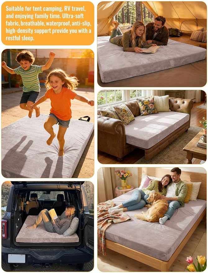 Memory Foam Camping Mattress Pad, Ventilated Breathable Design CertiPUR-US & Oeko-TEX Certified Sleeping Pad Waterproof 3inch Non-Slip Portable Sleeping Camping Mat with Storage Bag for Car Travel