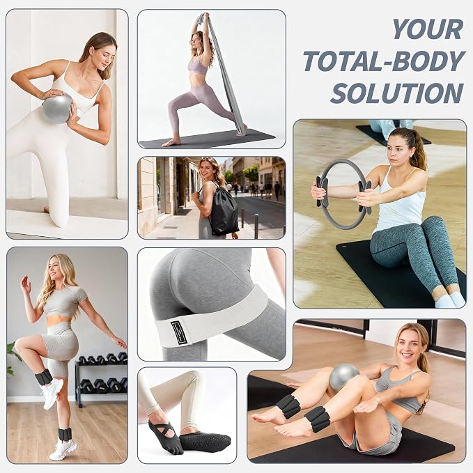NANATI Pilates Kit, Home Pilates Workout Kit for Women, Pilates Equipment with 14.5" Pilates Ring and Ball, Resistance Bands, Ankle Weights, Sliders & Grip Socks for Home Workouts