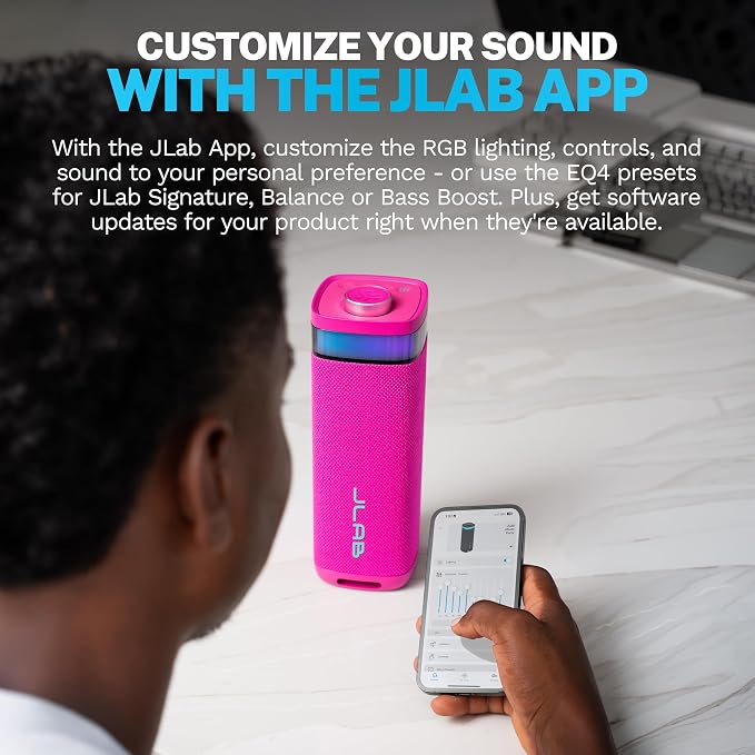 JLab, JBuds Party, Portable Bluetooth Speaker, Waterproof, RGB Lighting, Multi-Speaker Connection, Pink