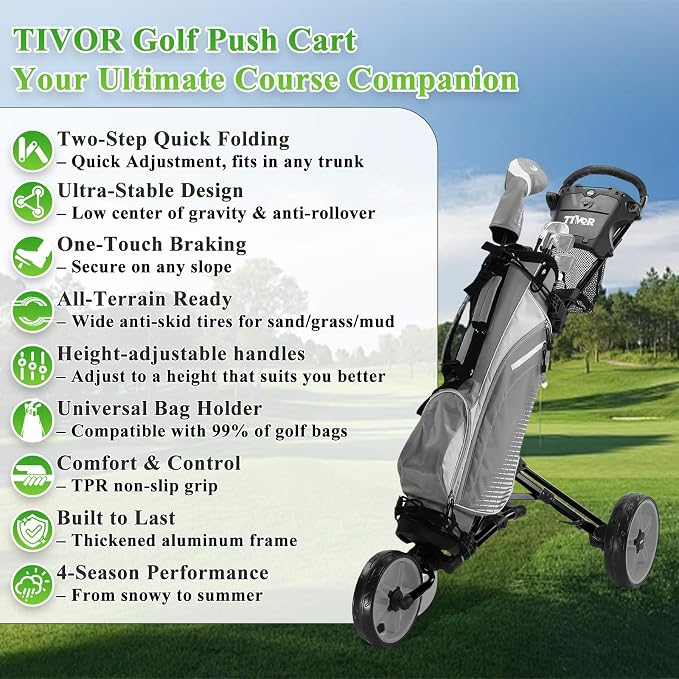 Tivor Lightweight Golf Push cart 3 Wheel,Foldable Golf Trolley for Adults and Junior with Ergonomic Adjustable Handle, Scorecard Holder, Umbrella Mount, Foot Brake, All-Terrain Wheels