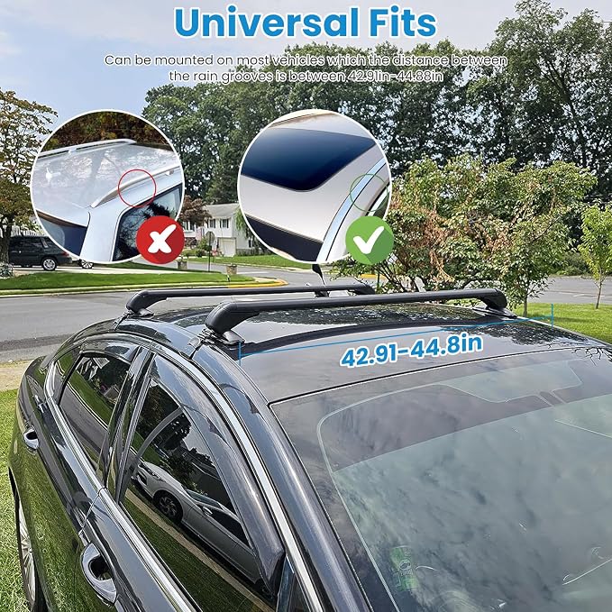 Adjustable Car Roof Rack Cross Bars with Anti-Theft Lock, Heavy-Duty Aluminum Roof Rail for Bike, Kayak, Cargo, Luggage – Fits Vehicles with Rain Gutter Spacing 42.91in-44.88in (2PCS)