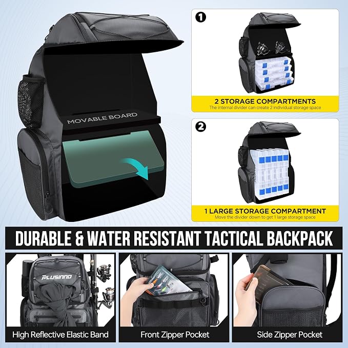 PLUSINNO Cooler Fishing Backpack with Rod Holders 45L Large Water-resistant Fishing Tackle bag Store Fishing Gear Fishing Gifts for Men Father
