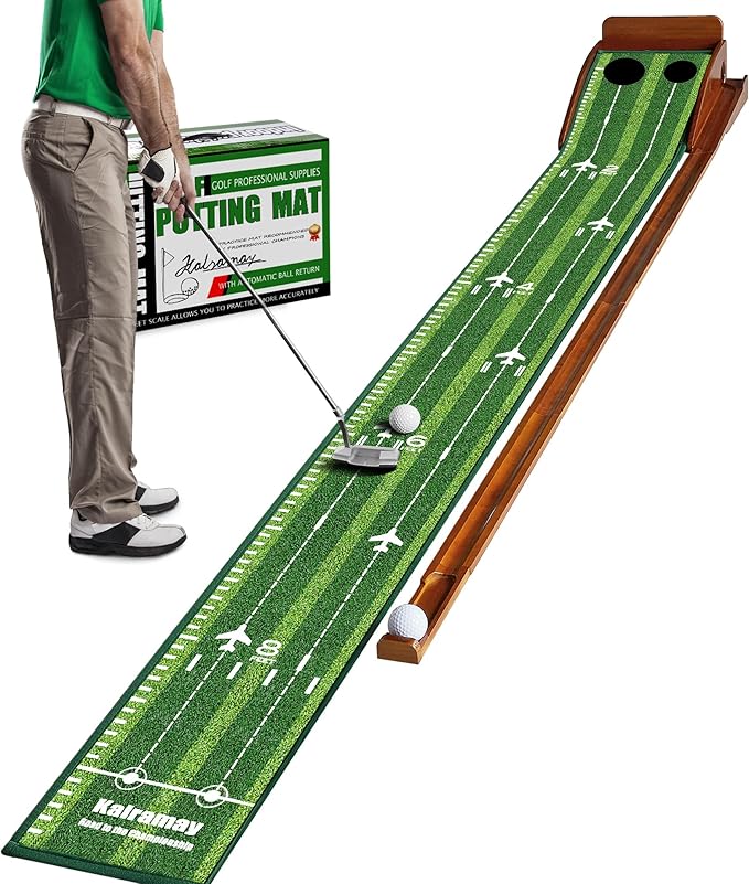 Kalramay Putting Green Indoor Golf Putting Mat – Easy to Assemble with Automatic Ball Return, Wrinkle-Free Close to Real Green Speed, Suitable for Office, Recreation Room, Patio – Ideal Gift