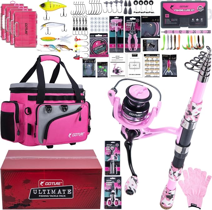 Goture Pink Fishing Rod and Reel Combos with Cooler Tackle Bag, 6FT-9FT Telescopic Fishing Pole with Spinning Reel,4 3600 Trays,Lures,Pliers,Travel Full Kit for Freshwater Saltwater, Women/Beginners