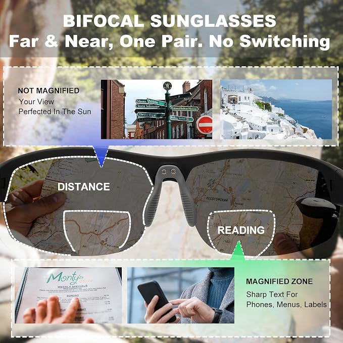 Missfive 2 Pack Mens Preferred Bifocal Sunglasses with Readers Built in, Sporty Semi-Rimless Wrap Dark Reading Glasses UV400 Protection, Adjustable Nose Pad Sun Reader for Outdoor/Driving +1.75
