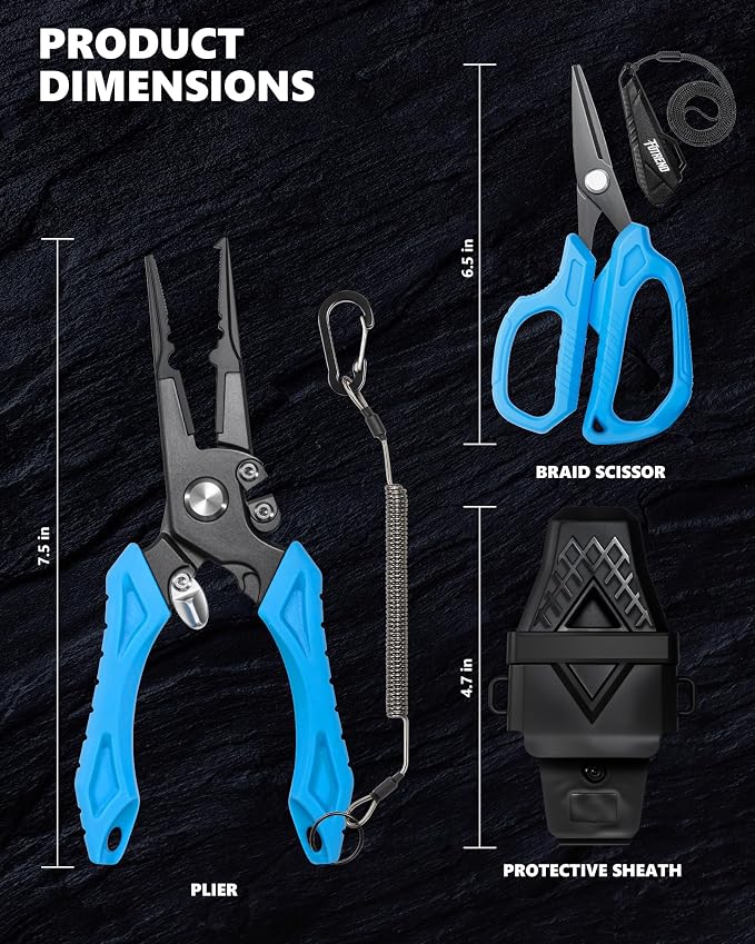 Fishing Tool Kit, Fishing Gear and Gifts for Men | Fishing Plier with Sheath, Fillet Knife, Fishing Scissors, Fish Lip Gripper, Tool Retractor, Keychain Bottle Opener
