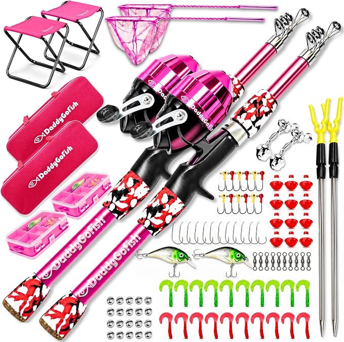 DaddyGoFish Kids Fishing Pole - Rod Reel Combo Tackle Box Starter Set - First Year Small Dock Gear Kit for Boys Girls Toddler Youth Age Beginner Little Children Junior Anglers