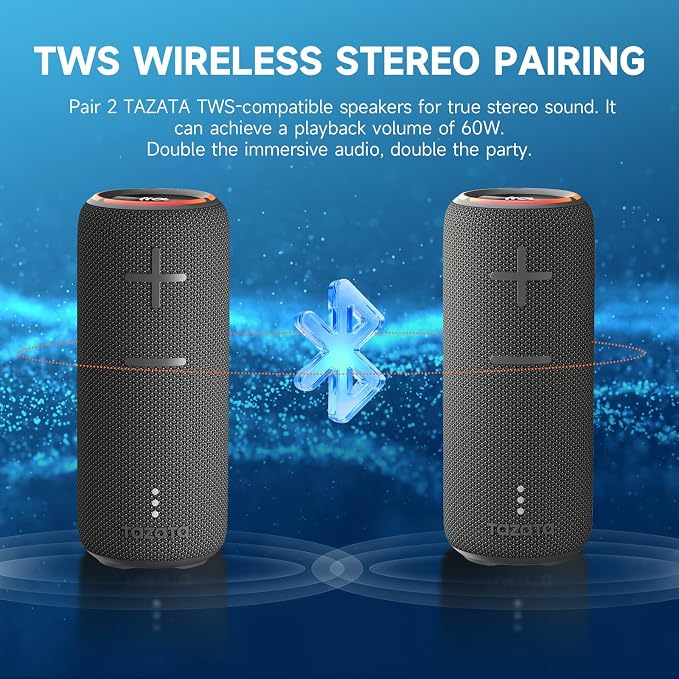 TAZATA Fun 300 30W Portable Bluetooth Speaker, IPX7 Waterproof & Dustproof, Bluetooth 5.3, Deep Bass, TWS Pairing, 8H Battery Life, Stereo HD Sound for Camping, Beach, Outdoor, Travel, Bike - Black