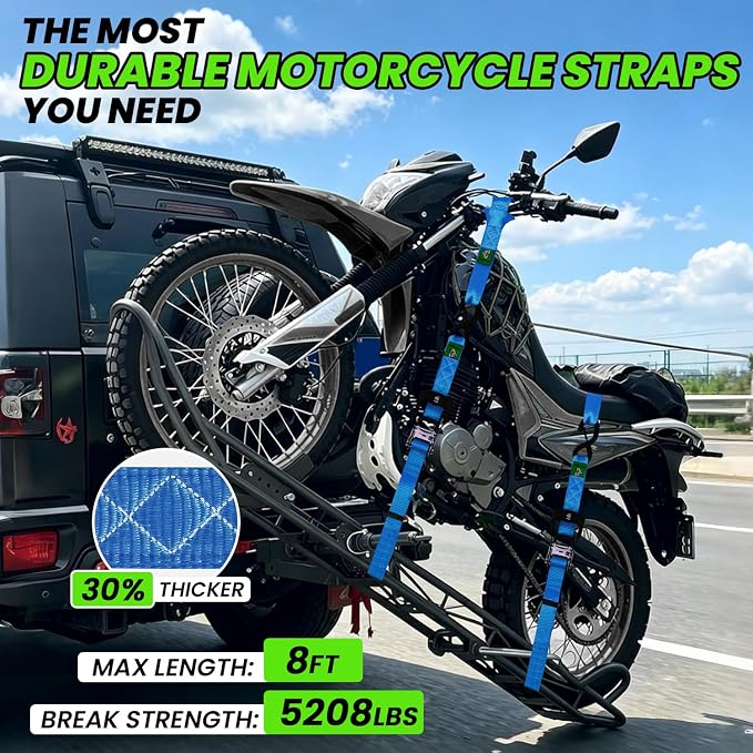 Ratchet Straps Heavy Duty 4 Pack -1.5 Inch x 8 Feet (5,208LB Break Strength)- Motorcycle Tie Down Straps -1.5xThickened Wear-Resistant Ratchet Tie Down Set for Powersports, Motorcycle or Moving Cargo