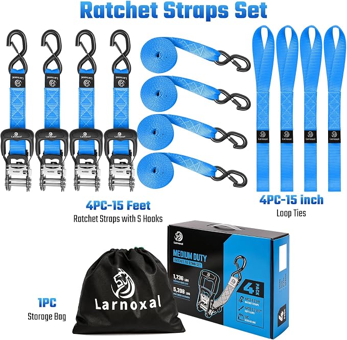 Ratchet Straps, 1.5 inch x 15 ft(4 Pack) Heavy Duty Tie Down Straps, Ratchet Tie Down Straps with Soft Loops-5,208 lbs (Blue)