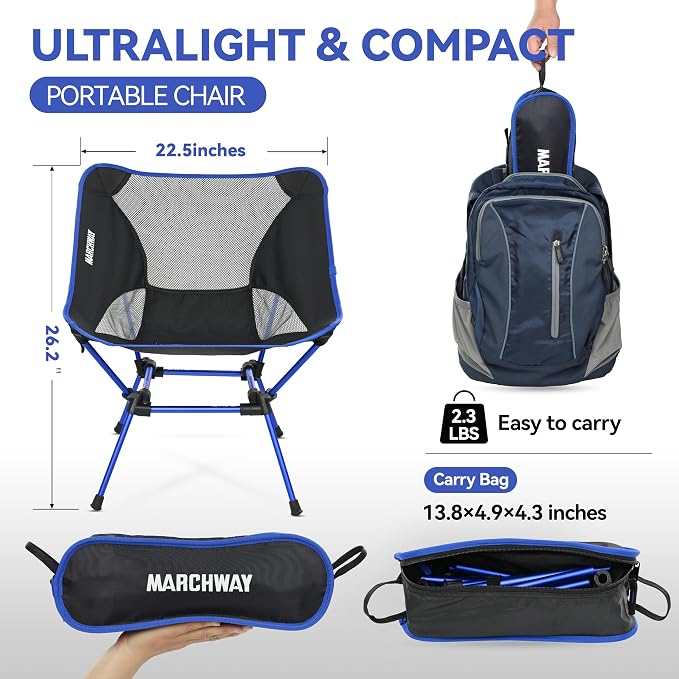 MARCHWAY Ultralight Folding Camping Chair, Heavy Duty Portable Compact for Outdoor Camp, Travel, Beach, Picnic, Festival, Hiking, Lightweight Backpacking (Dark Blue)
