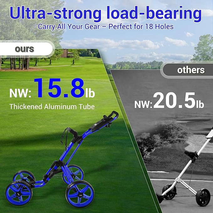 Tivor Lightweight Golf Push cart 4 Wheel Foldable Golf Trolley for Adults and Junior with Ergonomic Adjustable Handle, Scorecard Holder, Umbrella Mount, Foot Brake, All-Terrain Wheels